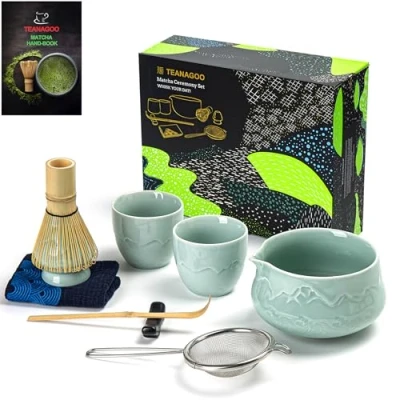 Bild av TEANAGOO Matcha Set Vis Bowl med pip Shovel Visp Hållare Te Preparation Set. Japansk teservisis (7 stycken) + 2 koppar (5.6 oz), S36, Celadon Blue