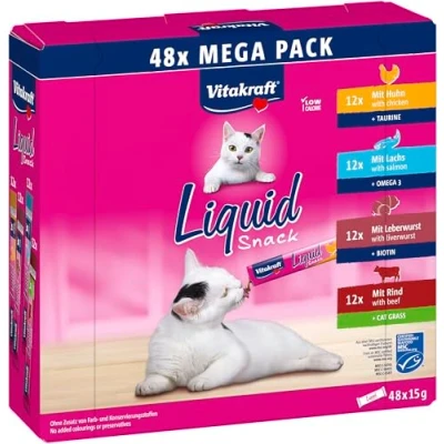 Bild av Vitakraft Flytande mellanmål för katter, kattgodis i megapack, krämig konsistens, med nötkött, kyckling, lax, 1 förpackning (48 x 15 g)