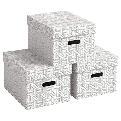 Bild av VON Leitz Uppsättning av 3 förvaringslådor med lock, 15 l, medium, 100% återvinningskartong, geometrisk design, för skola, studier och hushåll, vit, stycken, 61410001