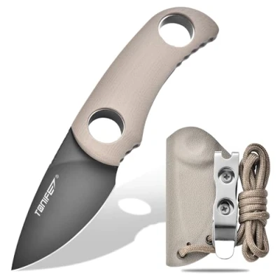 Bild av TONIFE 4,7 cm fast bladkniv, minihalskniv med Kydex fodral och snodd, bärbar EDC kniv för överlevnad utomhus (varm sand + titan gary)