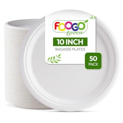 Bild av FOOGO Grön 50 engångstallrikar, sockerrörssäck, 25 cm (10 tum stora runda robusta pappersplattor, miljövänliga biologiskt nedbrytbara, komposterbara tallrikar för varm mat, picknick P fest