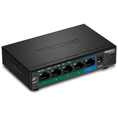 Bild av TRENDnet TPE TG52 Gigabit PoE switch med 5 portar, 32 W effektbudget, 10 Gbit/s omkopplingskapacitet, IEEE 802.1p QoS, DSCP Pass Through stöd, fläktlös, väggmontering, svart