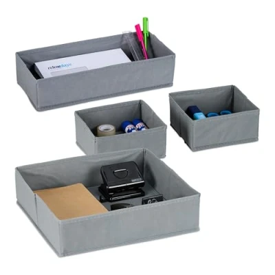 Bild av Relaxdays Lådor Organizer fleece, 4 delar Organisationssystem skrivbord, 3 storlekar, lådinsats, separationslåda, grå