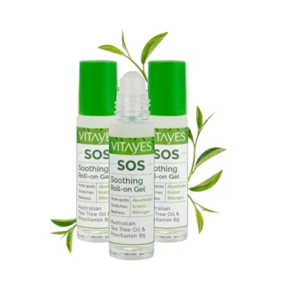 Bild av Vitayes SOS Tea tree oil roller, vitamin B5, mot akne fläckar, repor, hudinflammation, lugnande roll on penna, finnar, oren hud, vegan, hudrodnad, 3 x 10 ml