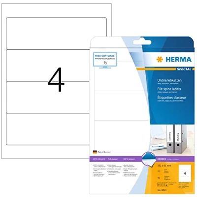 Bild av HERMA 8621 mappetiketter A4 ogenomskinlig, kort/bred (192 x 61 mm, 10 ark, papper, matt) självhäftande, utskrivbara, permanenta mappa ryggetiketter, 40 filetiketter, vit