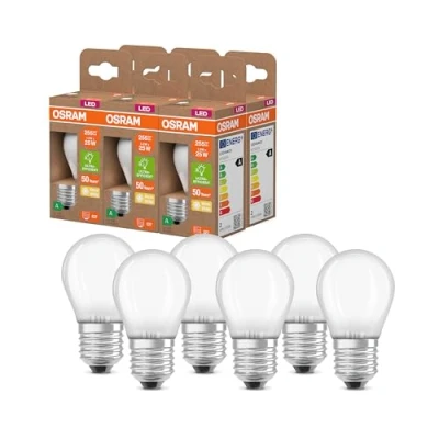 Bild av OSRAM LED lampa i klassisk miniball form, med dekorativ tråd frostat utförande, energieffektivitetsklass A, E27, 1,2 W, 255 lm, 2700 K, varmvit. Utan uppvärmning, 6 pack