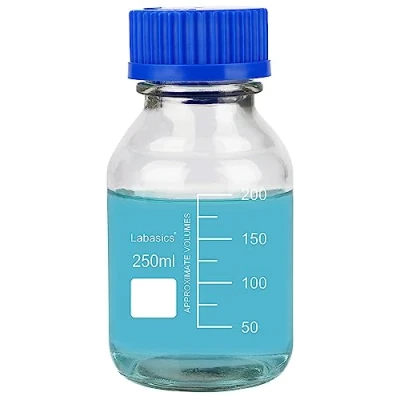 Bild av Labasics rund medium förvaring flaskor med GL45 blå skruvlock, glas klar bred mun examen reagens laboratorium glasflaska, 250 ml