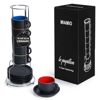 Bild av MIAMIO 6 x 75 ml stengods espressomugg/kopp set utomhus svart inuti färgglad Le Papillon Collection (Flerfärgad)