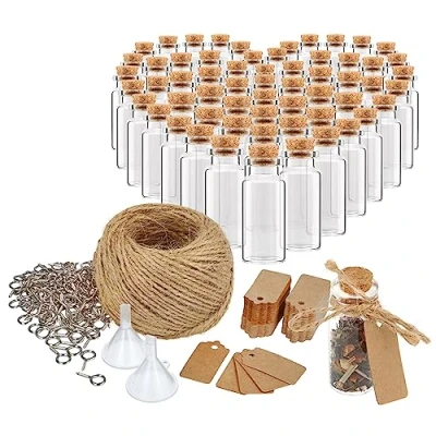 Bild av COM FOUR® 60x 10 ml glasflaskor, set med tillbehör för märkning och upphängning, bröllop eller födelsedagar, te, kryddor, salt, frön, örter (060 delar + tillbehör)