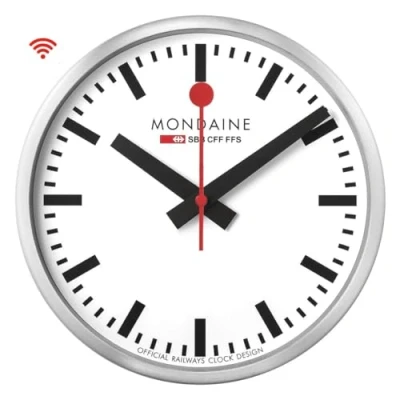 Bild av Mondaine Official Swiss Railways WiFi stop2go väggklocka 25 cm, kvarts smart urverk, minimalistisk design, röd sekundvisare, Bluetooth rumstemperatur display, silver