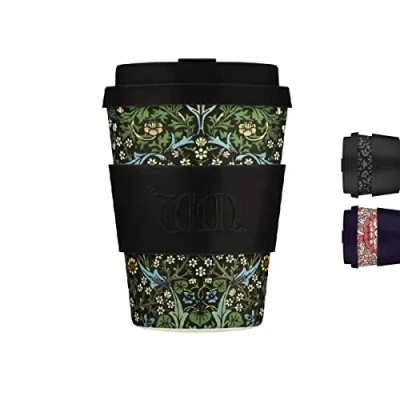Bild av 350 ml William Morris återanvändbar miljövänlig 100 % växtbaserad kaffekopp melaminfri och biologiskt nedbrytbar diskmaskin/mikrovågsugn säker resemugg, svarttorn