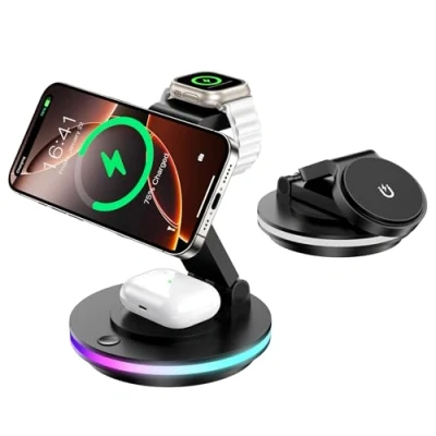 Bild av Mag Safe laddare, 3 i 1 laddningsstation för Apple Watch och iPhone, vikbar, vridbar med ljusinställning, trådlös laddare laddningsstativ iPhone 15/14/13, AirPods (utan adapter) svart