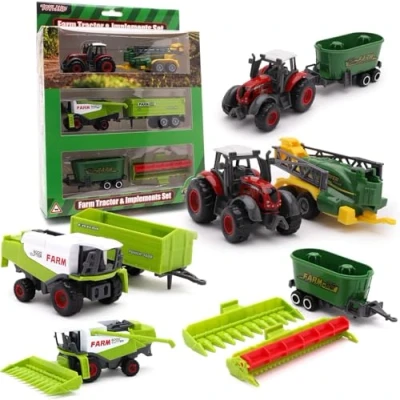 Bild av Toyland® paket med 6 stycken formgjutna jordbrukstraktorer och redskapsset ca. 5 cm 4 olika mönster 1 vald slumpmässigt