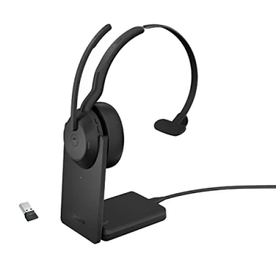 Bild av Jabra Evolve2 55 trådlöst monoheadset med laddningsstativ, Air Comfort teknik, mikrofoner brusreducering och ANC certifierat för MS Teams, fungerar alla plattformar svart
