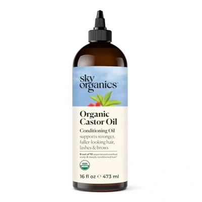 Bild av Sky Organics Castor Oil (473 ml) USDA organisk kallpressad, 100 % ren, hexan fri ricinolja fuktgivande &amp; healing, för torr hud, hårväxt hårvård, ögonfransar