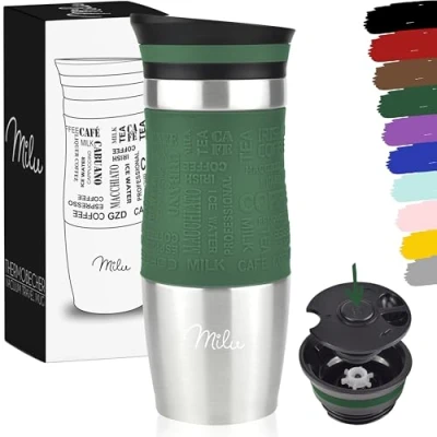 Bild av Milu termosmugg 370 ml, 450 isolerande mugg, kaffemugg to go 100 % läckagesäker dryckesmugg i rostfritt stål bilmugg, dubbelväggsisolering, resemugg (olivgrön, ml)