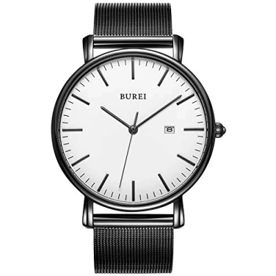 Bild av BUREI Minimalist herrklocka Classy Date Gents klocka med enkel remsa, stor urtavla i rostfritt stål