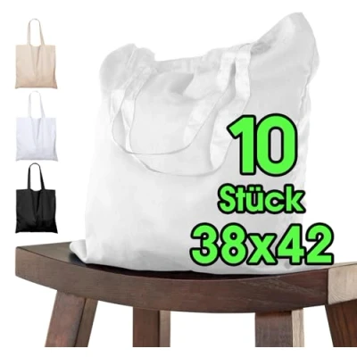 Bild av ELES VIDA Bomullsväska 38 x 42 cm otryckt, 10 stycken två korta handtag OEKO TEX® certifierad tygväska, bärväska, bomullspåse, shoppingväska, jutepåse, tygpåse måla vit