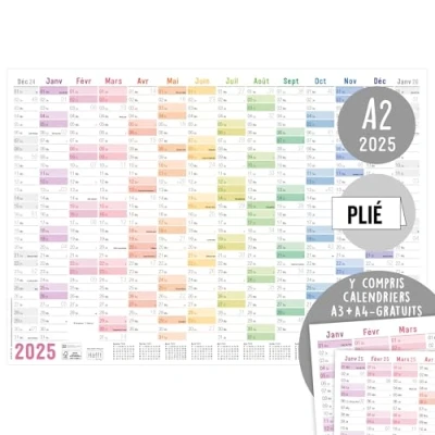 Bild av Häfft® väggkalender 2025 A2 på franska &quot;Rainbow&quot; (59,4 x 42 cm) vikt, väggplanerare med helgdagar i Frankrike + extra A3 &amp; A4 kalender hållbar klimatvänlig