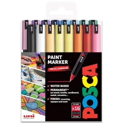 Bild av Posca Uni PC 1MR konstfärgpennor set med 16 i plastplånbok startset