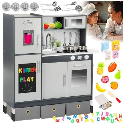 Bild av Green series Stort lekkök trä grått barnkök, kök, barnkök med ljus och ljud, från 83 till 97 cm hög, upp bänkskivan 46 60 GS0057 1)