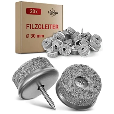 Bild av LouMaxx Stolsfiltglidare, runda skruvar, Ø 30 mm, grå stolglidare med 6 mm tjock filt och metallinfattning filttassar för stolskruvar premium stolsbenskydd, filt, även möbler, 20 stycken