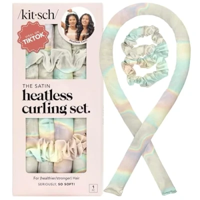 Bild av Kitsch Satin värmelöst locktångsset värmefria lockar över natten, hårrullar för mjuka och frizzfri styling, inga värmelockare att sova i, locktångspannband med 2 hårsnoddar Aura