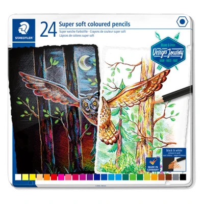 Bild av STAEDTLER Buntstifte super soft, klassisches Sechskantformat, weiche Mine, hohe Deckkraft auf hellem und dunklem Papier, Metalletui mit 24 leuchtenden Farben, 149C M24