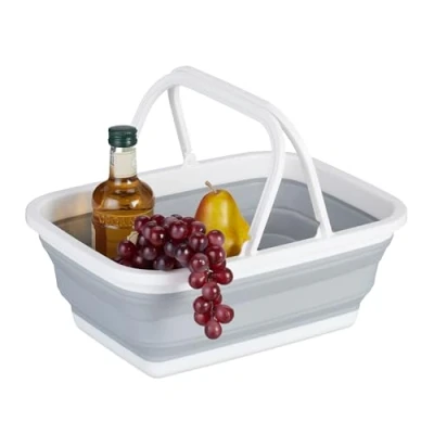 Bild av Relaxdays Fällbar korg med handtag, 8 l, bärbar picknickkorg, camping och tvättning, H x B D: 15,5 38,5 28,5 cm, vit/grå