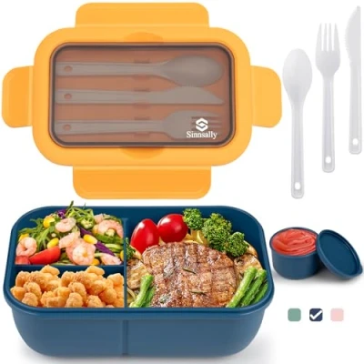 Bild av Sinnsally lunchlåda med fack, 1 250 ml Bentolåda för vuxna, barn bestick, vesperbox, brödlåda, läckagesäker matlåda, frukostlåda, matlåda (Bule)