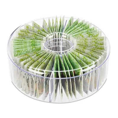 Bild av Relaxdays Tebox, 6 fack, 72 tepåsar, rund teburk med lock, platsbesparande förvaring, H x D 7,5 20 cm, transparent