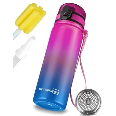 Bild av My Vesperbox Termosflaska i rostfritt stål, läckagesäker, med sugrör eller sil, 400 ml, 600 BPA fri, för dagis, skola (lila blå, ml)