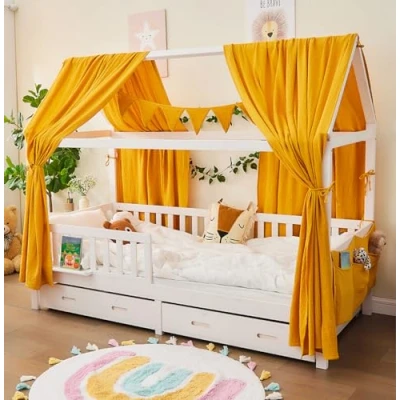 Bild av ALAVYA HOME® 3 delat dekorationsset för himmelssäng med 2 st. sänghimlar, 1 flaggirlang, 300 cm lång, barnsäng, barnrum, 100 % ekologisk muslinbomull, GOTS certifierad, 125 x 350 cm, senapsgul