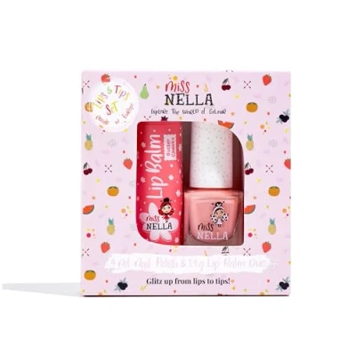 Bild av Miss Nella nagellack + läppbalm set speciell persika glitter för barn Peach SLUSHIE, med peel off, vattenbaserad och odour fri formel butter cheecks rosa allergivänlig