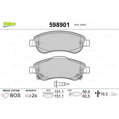 Bild av VALEO 598901 Jeu de plaquettes frein Essieu avant contact signal d&#039;usure inclus avec kit vis fixation, tôle anti bruit HONDA: CR V 3