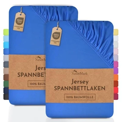 Bild av NatureMark 2 pack dra på lakan i jersey, formsydda lakan, 100% bomull, finns många storlekar och färger. Märkeskvalitet Oeko Tex Standard 100 200 x 220 cm +40 tjocklek kungsblå