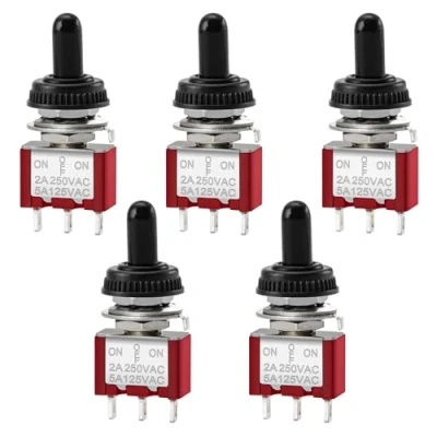Bild av Heschen Mini tillfällig vippströmbrytare MTS 123, (ON) OFF SPDT, 3 stift, 2A 250V, 5A 120V, UR listad, med vattentätt skydd, paket 5