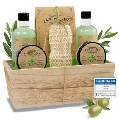 Bild av Accentra duschset kvinnor presentset OLIVE i en träkorg 6 delat vårdset med duschgel, bubbelbad, badsalt, bodylotion mera wellness för födelsedagar, alla hjärtans dag &amp; jul