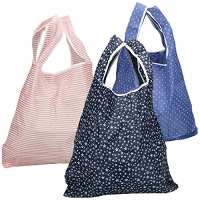 Bild av COM FOUR® 3x vikbar shoppingväska i olika färger med ränder, stjärnor och prickar av nylon, transportväska (03 stycken svart. blå. rosa)