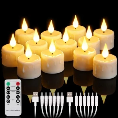 Bild av yunsheng 12 stycken uppladdningsbara värmeljus med fjärrkontroll och 4/6H timer, flamlösa flimrande LED ljus 2 USB kablar, 3D silikonveke, varmt vitt för heminredning