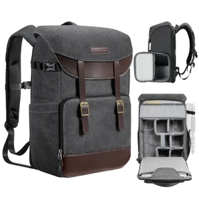Bild av K&amp;F Concept kameraryggsäck, rullbar vattentät, robust tygväska, ryggsäck för Canon, Nikon, Sony, Fujifilm Olympus och 15,6 tums bärbar dator, canvasgrå