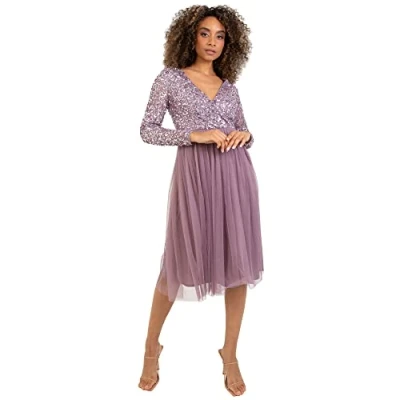 Bild av Maya Deluxe Faux Warp Front Utsmyckad Midi klänning brudtärna, Moody Lilac, 36