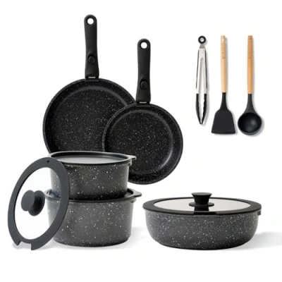 Bild av BOREINE Kastrullset, Non stick kastrull set, kastrullset induktion, kastruller och stekpannor, Kökssats, med avtagbart handtag, pan Ugnssäker (Svart, 14st)
