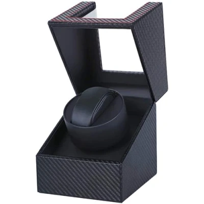 Bild av Automatische Uhrenbeweger Box Single PU Leder Uhrengehäuse mit leisem Motor Batteriebetrieb oder Netzteil für Automatikuhren (Faser aus Kohlenstoff DGW)