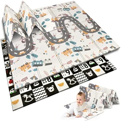 Bild av Nukido Lekmatta, dubbelsidig krypmatta, bebis, krypfilt, matta, golvmadrass, barnrum, baby, vikbar golvmatta barn, babyleksak 06 månader, kontrastvägsmönster, 200 x 180 1 cm
