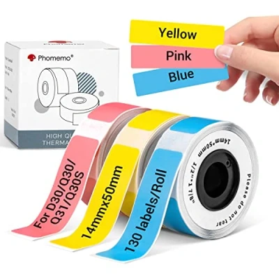 Bild av Phomemo Färgetiketter för D30 Q30 etikettskrivare, kompatibel med Colorwing Q30, D30/Q31/Q30S etiketterare, 14 x 50 mm (gul/rosa/blå) etiketter 130 etiketter/rulle, 3 rullar