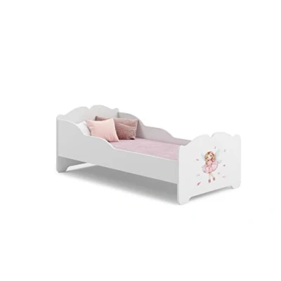 Bild av KOBI Barnsäng Anna vit med rosa älva 160 x 80 cm liten flicksäng för barn madrass och ram babyrummet enkelsäng barriär