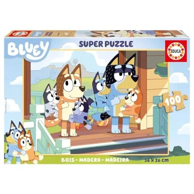 Bild av Educa 100 Bluey Wood Barnpussel i trä med stycken. Cirka en gång monterad 36 x 26 cm. Rekommenderas från 6 år (19967)