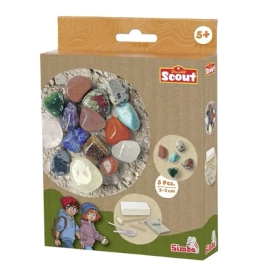 Bild av SIMBA 109452661 Scout, 5 riktiga mineraler för grävning, 2 3 cm, förstoringsglas, verktyg och väska, från år