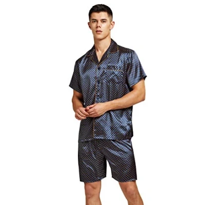 Bild av Herr kortärmad satin pyjamasset med shorts, Blå gyllene, M